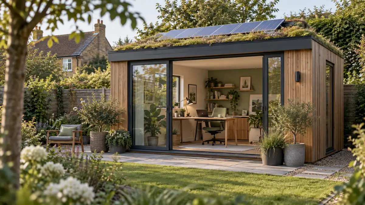 Green home offices with a sustainable garden workspace, solar panels, living roof and large glass doors.