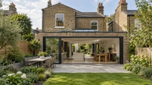 House extension architecture featuring a modern open-plan kitchen and dining space with large glass doors opening onto a landscaped garden.