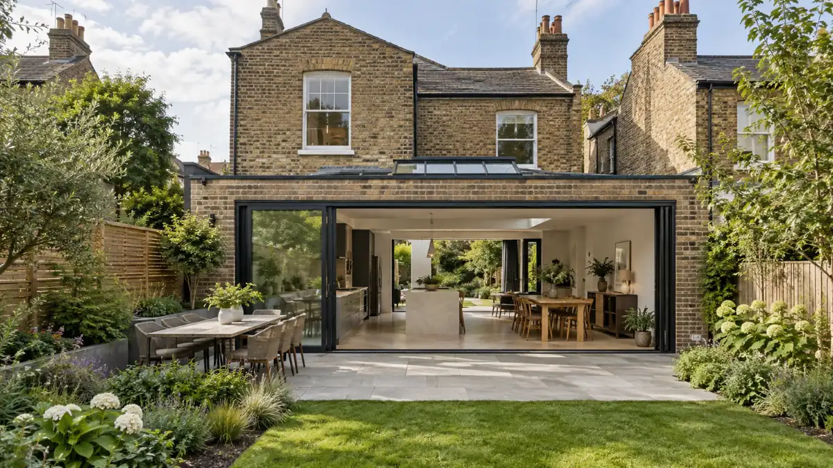House extension architecture featuring a modern open-plan kitchen and dining space with large glass doors opening onto a landscaped garden.