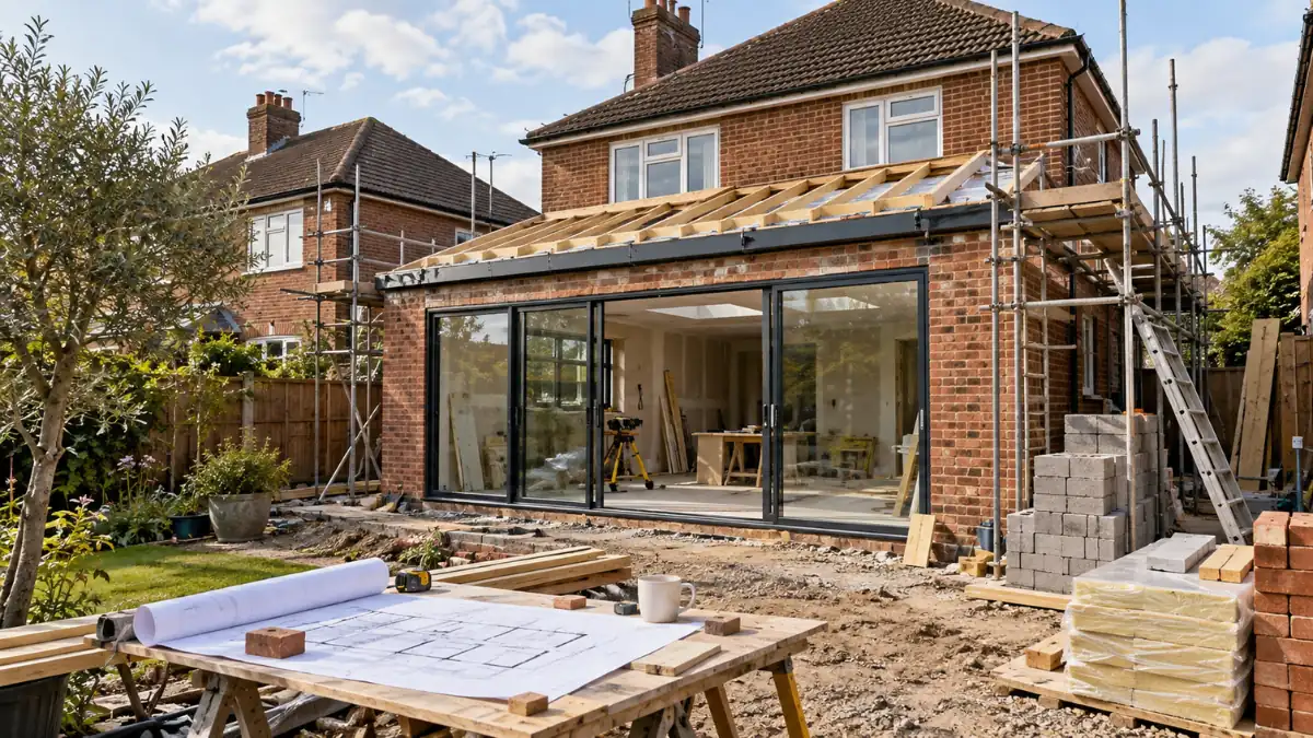 House extension process showing a brick rear extension under construction with roof framing, scaffolding and large sliding glass doors.