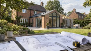 Planning permission Cheshire East for a brick house extension, showing architectural plans and a modern rear extension under construction.