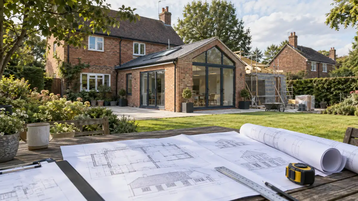 Planning permission Cheshire East for a brick house extension, showing architectural plans and a modern rear extension under construction.