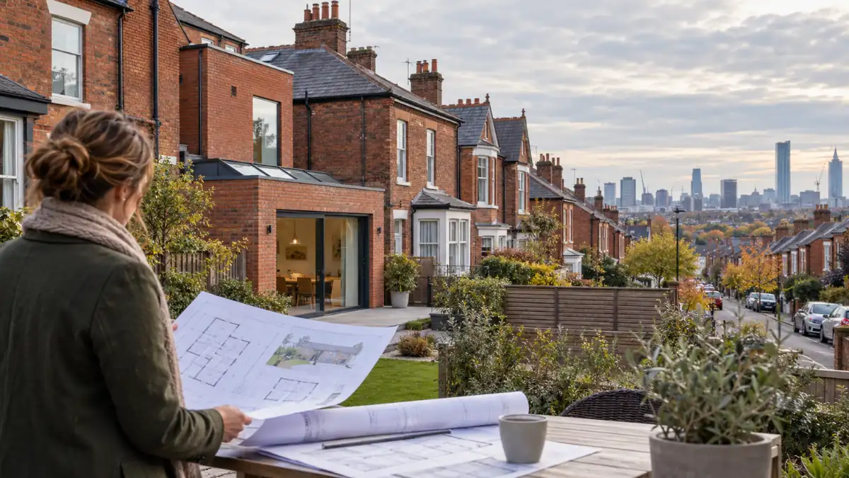 Planning permission Manchester – architect reviewing plans for a residential home extension.