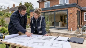 Building Regulations Approval Process – Building professionals reviewing architectural plans and construction compliance requirements for a residential home extension.