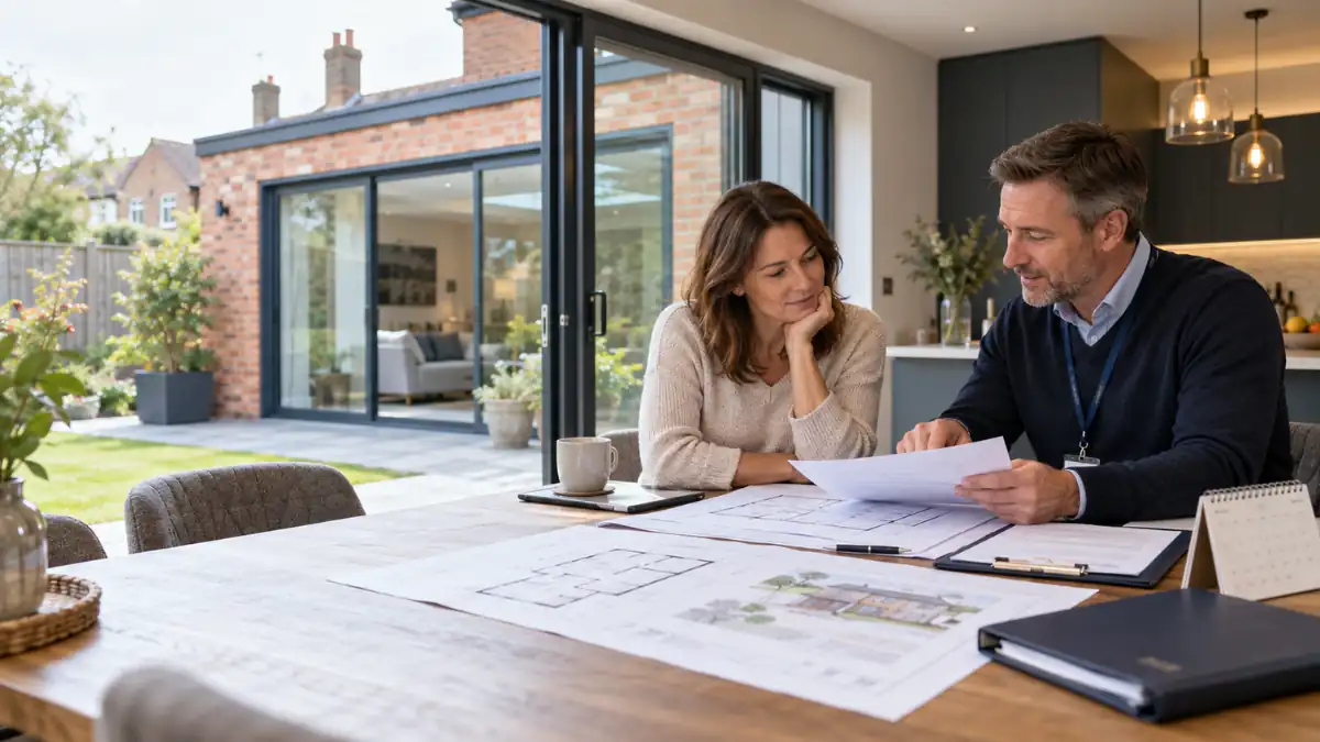 Homeowner discussing architectural plans with a building professional during a consultation about the building regulations enforcement period for a home extension.