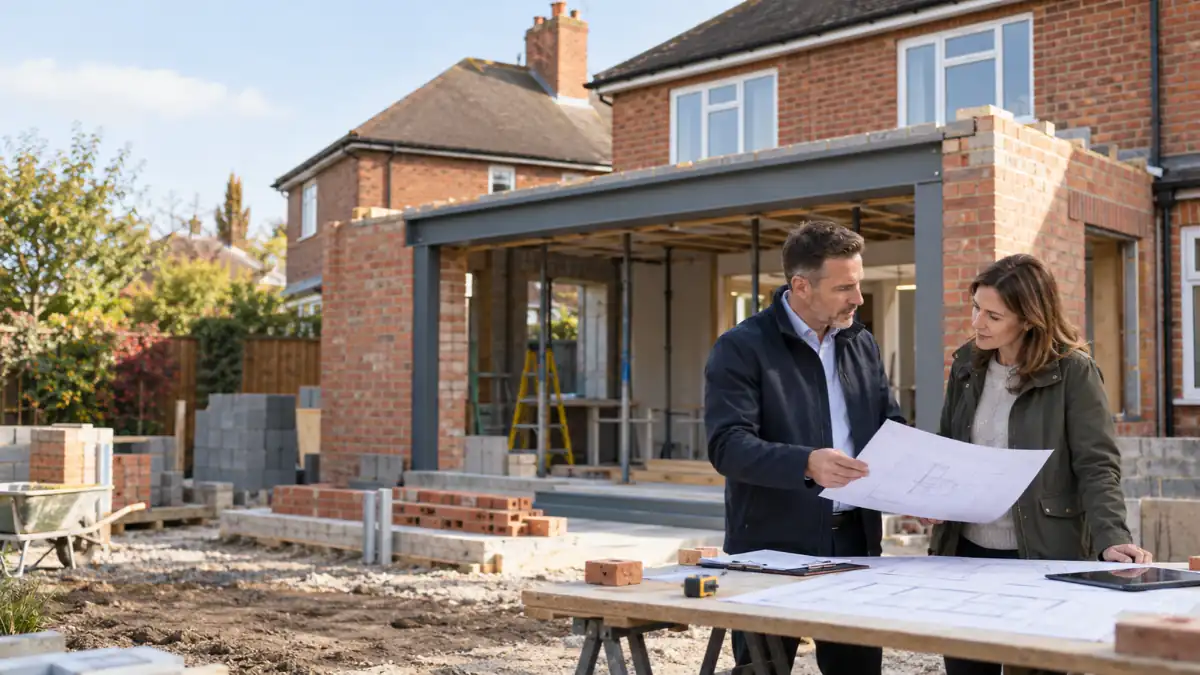 Building regulations initial notice – Construction professionals reviewing architectural plans for a residential house extension under construction.