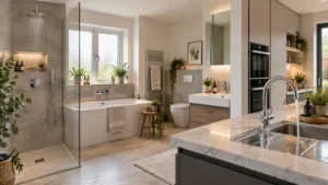 Building regulations Part G compliant modern bathroom with shower, bath, basin and water-efficient sanitary fittings.