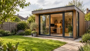 Modern garden rooms home office with natural timber cladding, floor-to-ceiling glass doors and a stylish workspace overlooking a landscaped garden.