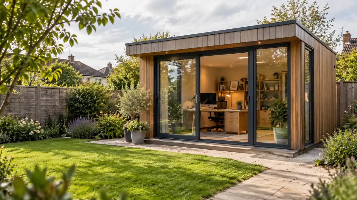 Modern garden rooms home office with natural timber cladding, floor-to-ceiling glass doors and a stylish workspace overlooking a landscaped garden.