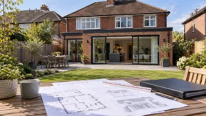 House Extension Planning Process showing architectural drawings and floor plans on a garden table overlooking a modern brick house with a rear extension and sliding glass doors.