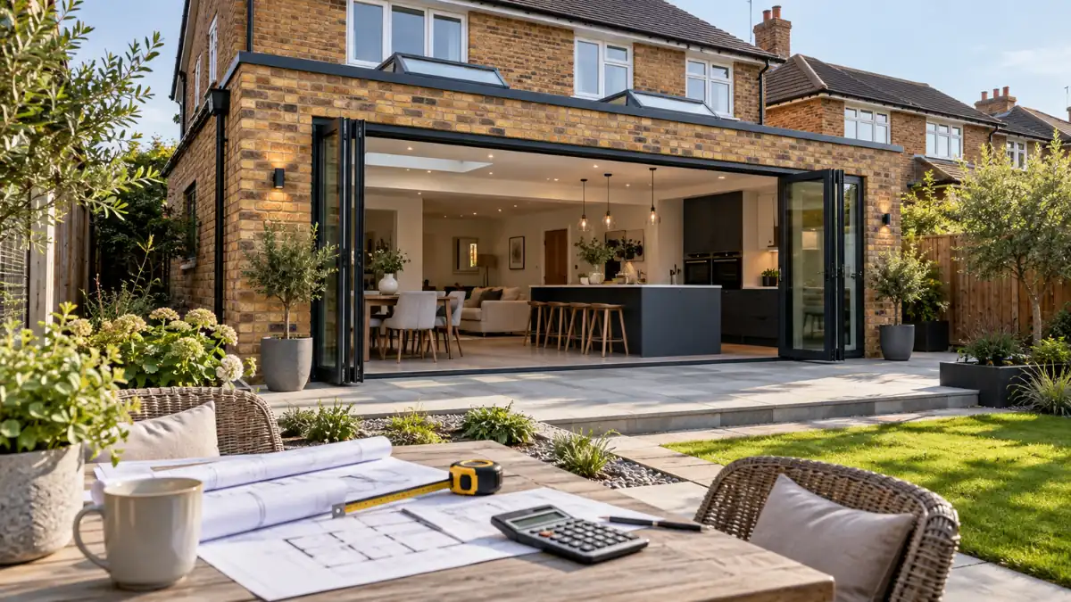 House extension how much – modern rear brick house extension with bifold doors, open-plan kitchen and landscaped garden.