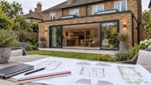House extension plans displayed on a garden table overlooking a modern single-storey rear house extension with large glass sliding doors and contemporary brickwork.
