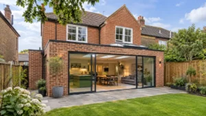 Modern house extension UK featuring a contemporary red brick rear extension, large sliding glass doors, open-plan living space and landscaped garden.