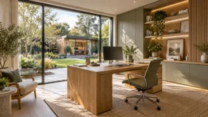 Modern home offices designs featuring a stylish wooden desk, ergonomic chair, built-in shelving, natural lighting, and floor-to-ceiling windows overlooking a landscaped garden.