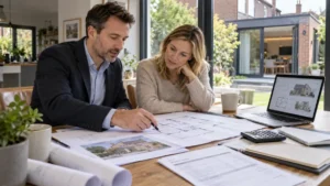 Planning Consultant Costs discussed by a couple reviewing house extension plans, architectural drawings and project budgets with a planning consultant.