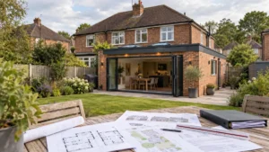 Planning permission Watford – Modern rear house extension with bi-fold doors, landscaped garden and architectural plans for a residential renovation project.