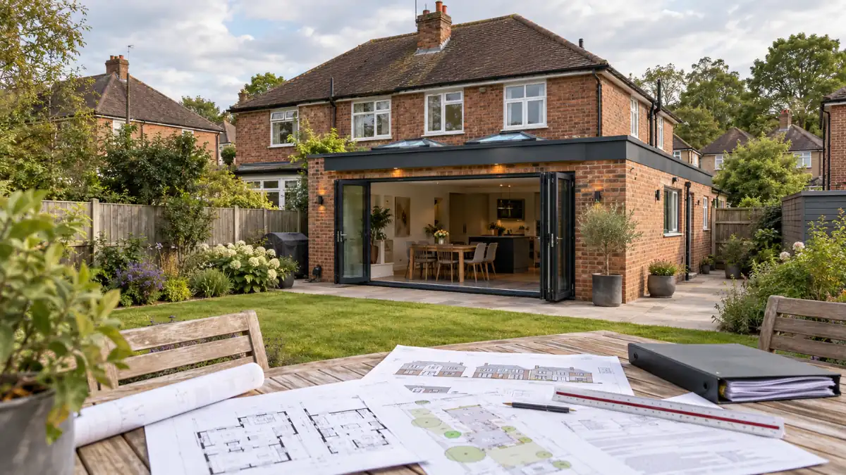 Planning permission Watford – Modern rear house extension with bi-fold doors, landscaped garden and architectural plans for a residential renovation project.