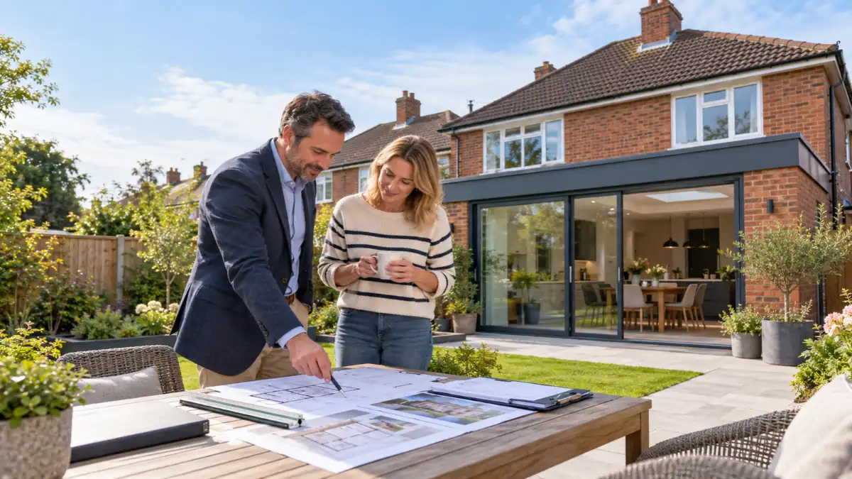 Homeowners reviewing architectural plans for a house extension while discussing planning permission loopholes in their garden.
